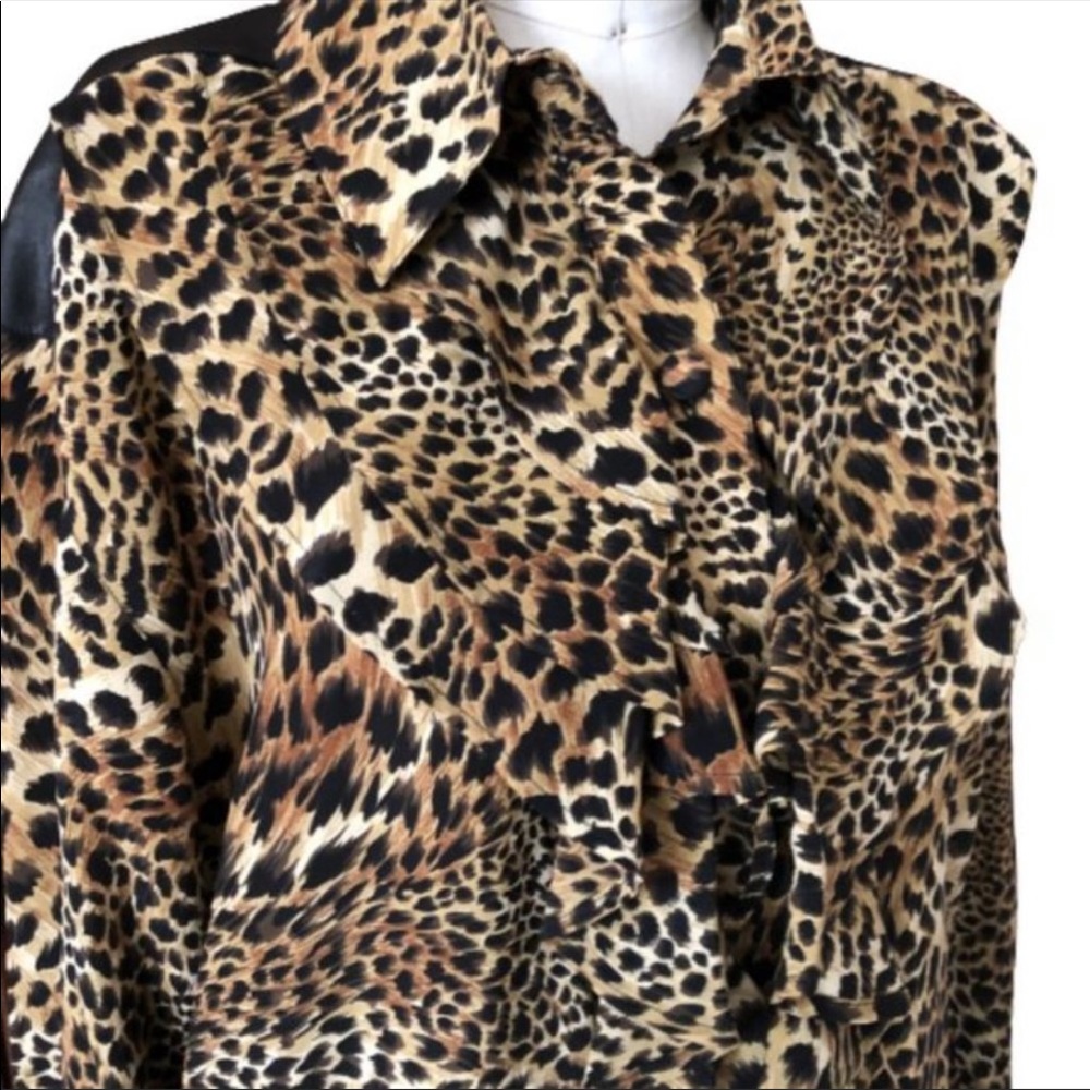 NWT 100% Silk + Leather Leopard Ruffled Vtg Top - Picture 8 of 14
